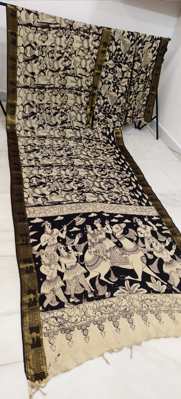 Black and white mangalagiri pen kalamkari sarees