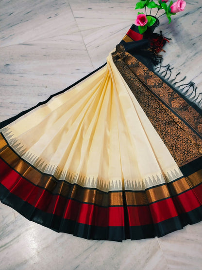 Cream and Black pure handloom Kuppadam sarees