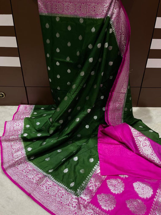 Bottle green and pink Banarasi semi khaddi sarees