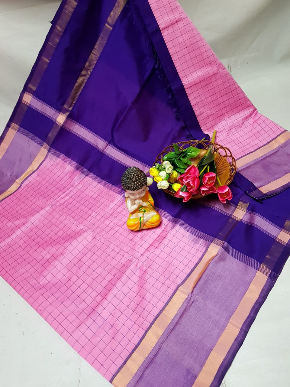 Baby pink and navy blue Tripura silk mahanati checks sarees