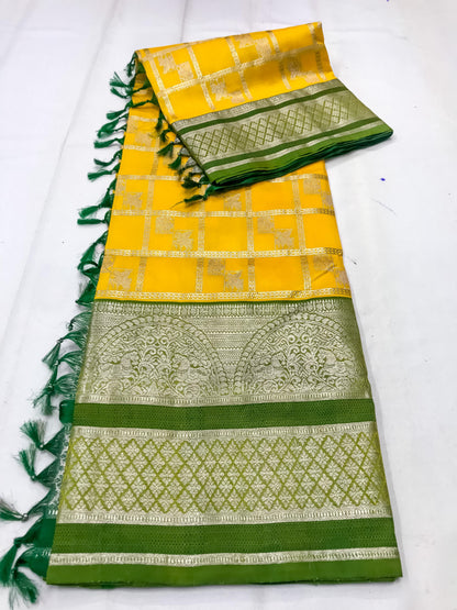 Yellow with dark green Pure Venkatagiri silk sarees