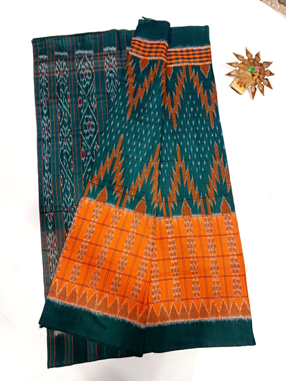 Orange and peacock green ikkat mercerised Cotton sarees