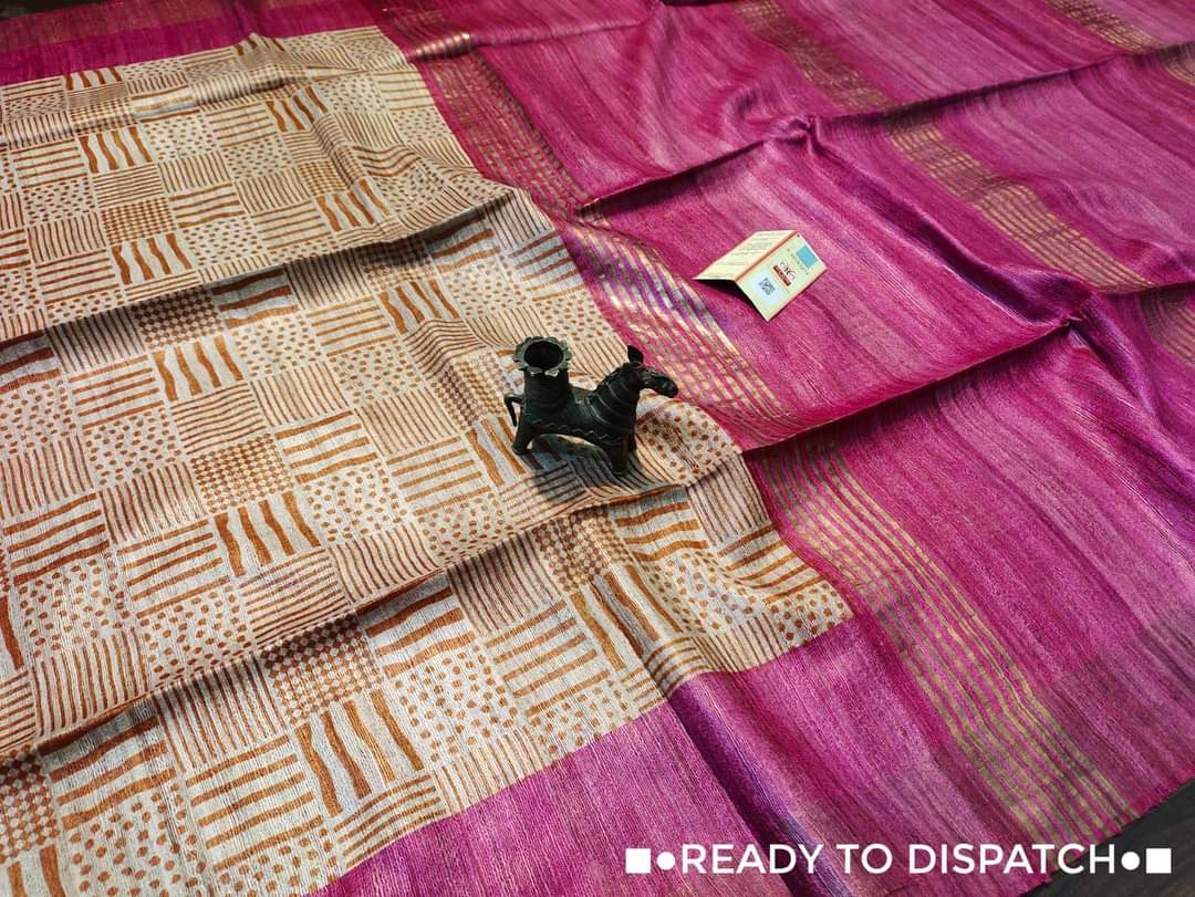 Cream and pink Pure Tussar gicha screen print sarees