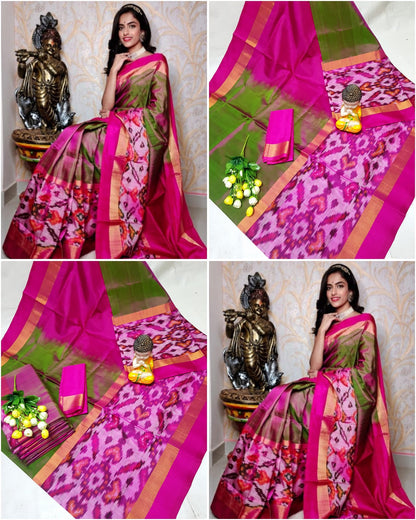 Green and pink Uppada sarees with big pochampally border