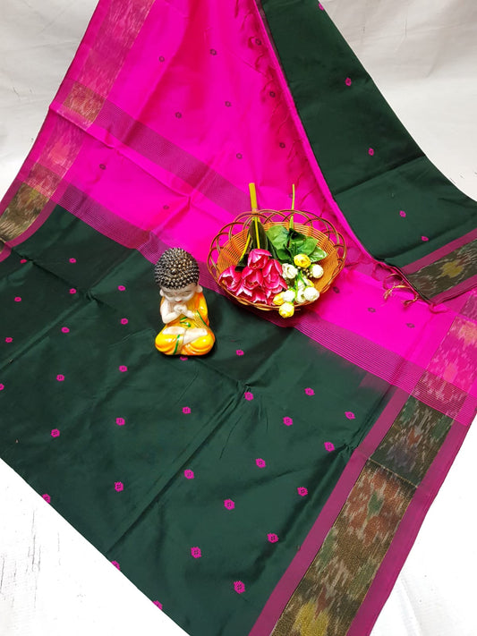 Bottle green Tripura silk sarees with Pochampally border