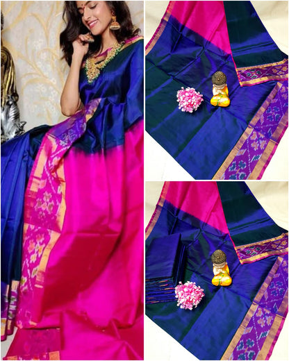 Navy blue and pink Uppada sarees with small pochampally border