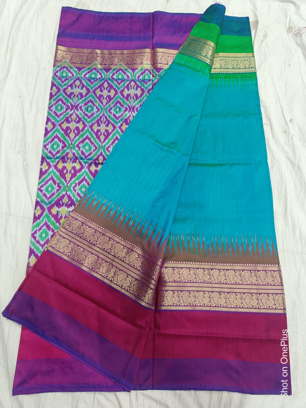 Sky blue ikkat silk sarees with jakat kanchi border