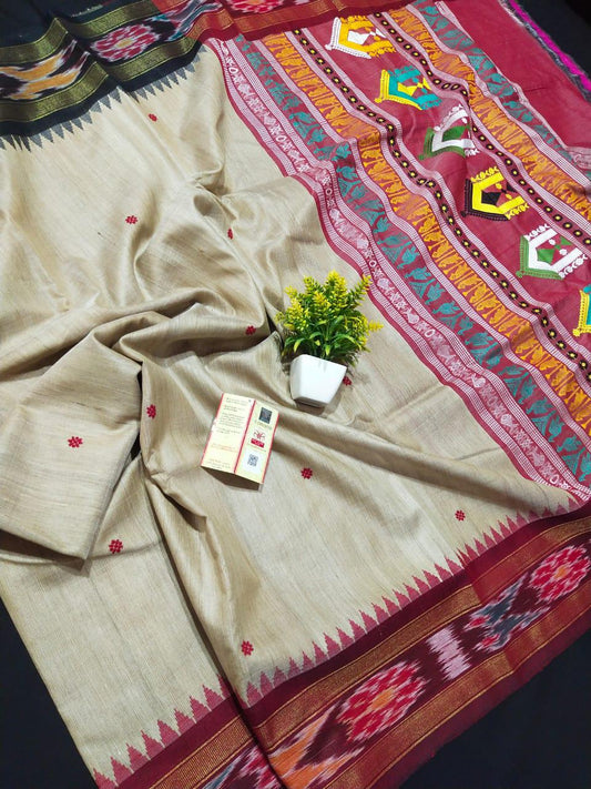 Beige with maroon pure desi tussar silk sarees