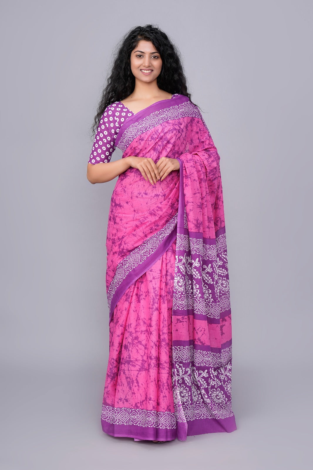 Pink with purple mulmul cotton sarees