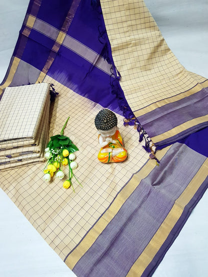 Cream and navy blue Tripura silk mahanati checks sarees