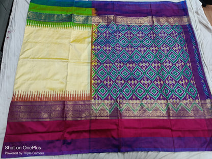 Yellowish cream ikkat silk sarees with jakat kanchi border