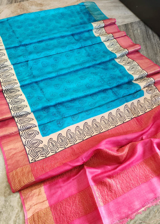 Sky Blue and pink pure tussar silk printed sarees