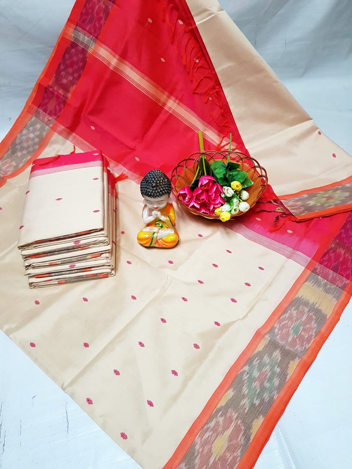 Cream Tripura silk sarees with Pochampally border