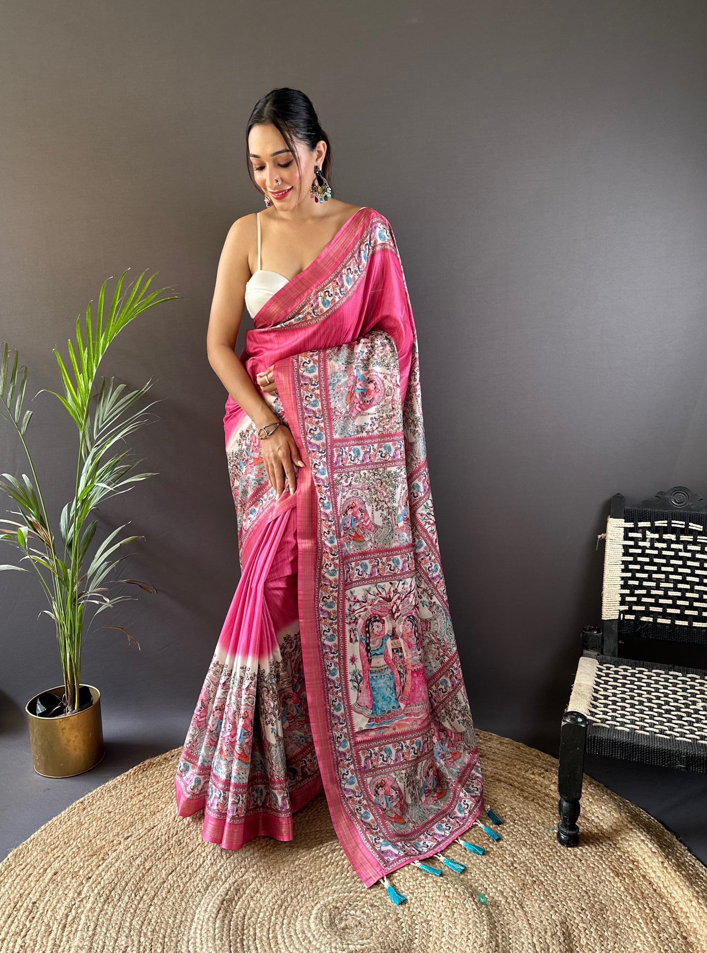 Pink tussar silk sarees with madhubani print