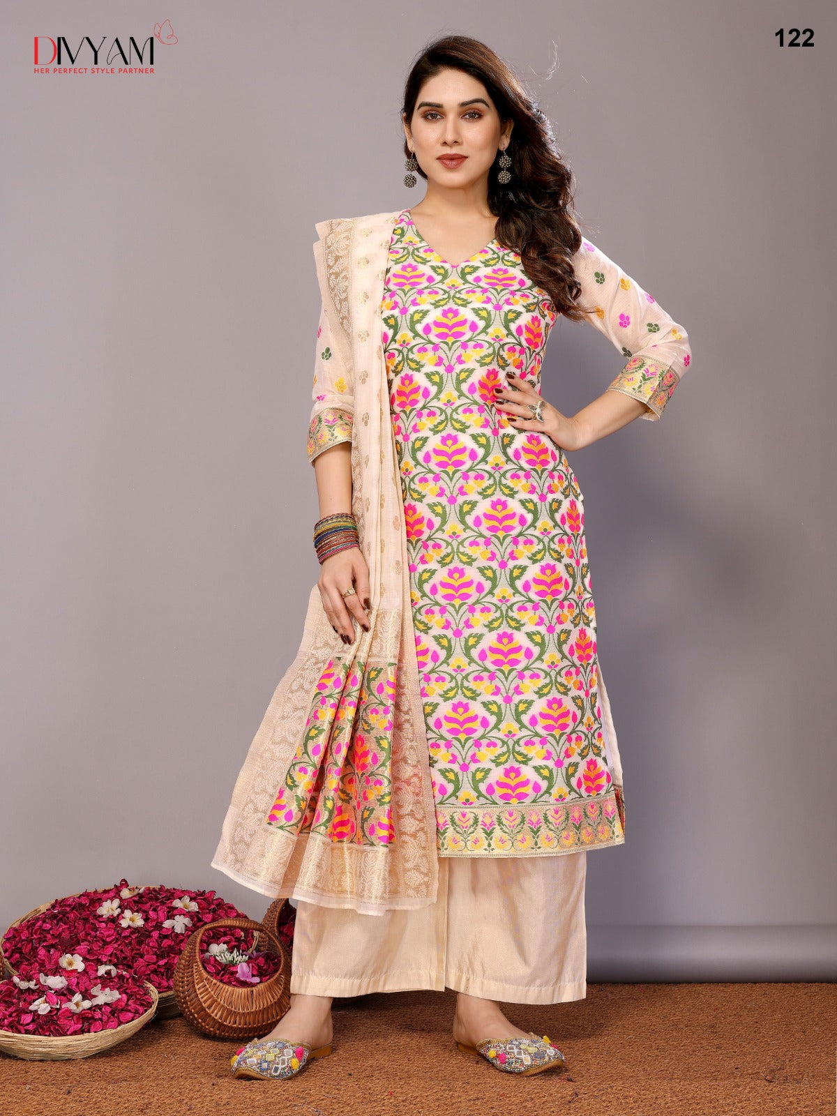 Cream chanderi readymade suits