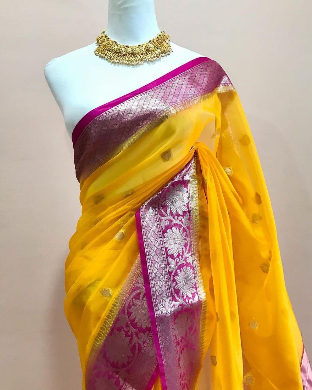 Mango yellow Banarasi kora organza sarees