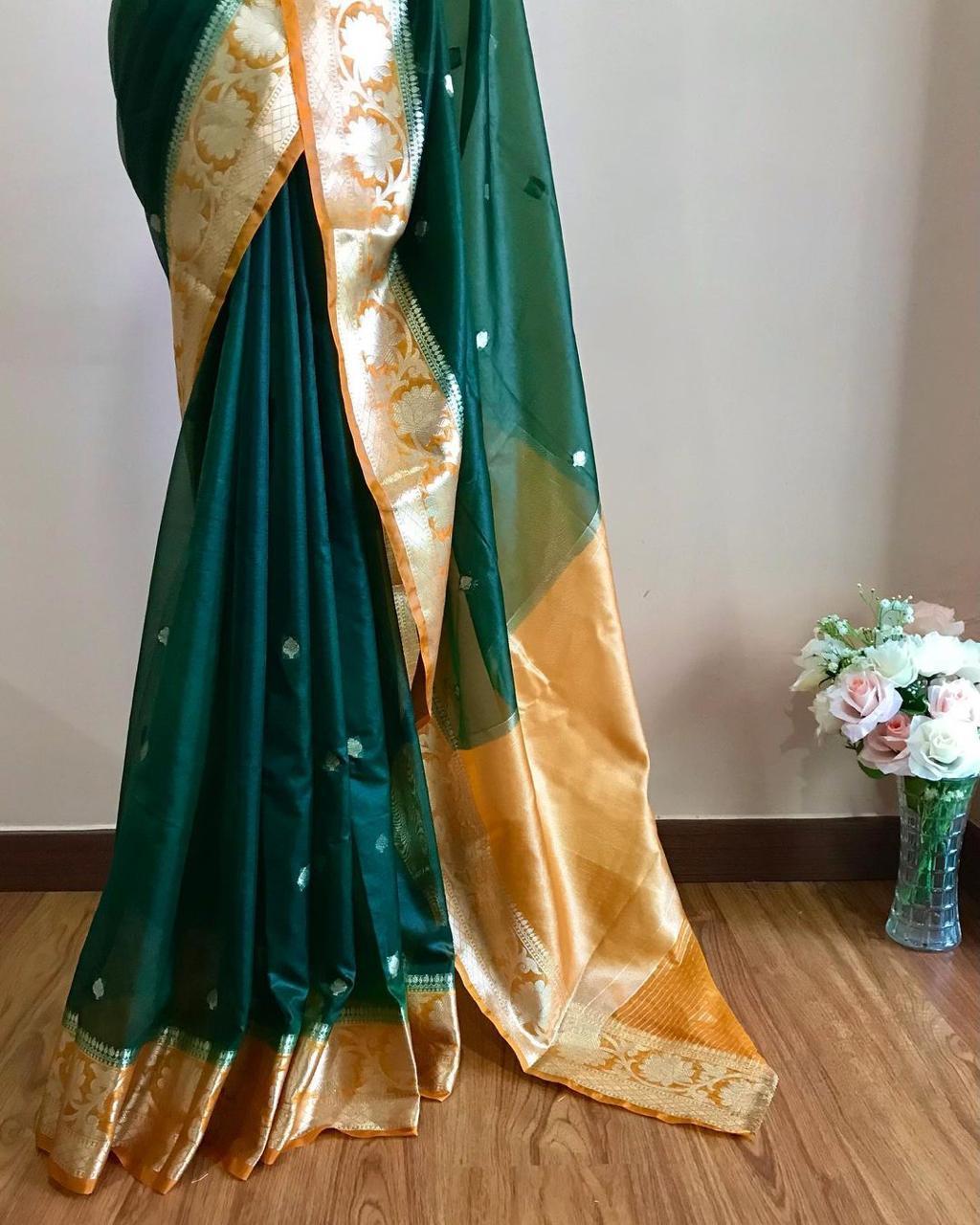 Bottle green Banarasi kora organza sarees