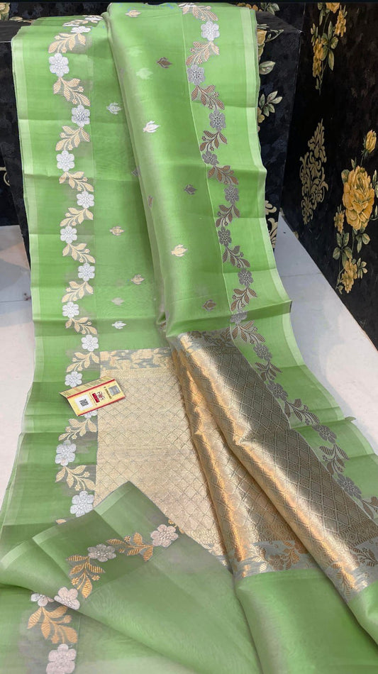 Pastel green Banarasi kora organza sarees