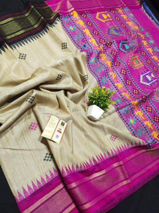 Beige and pink desi tussar silk sarees