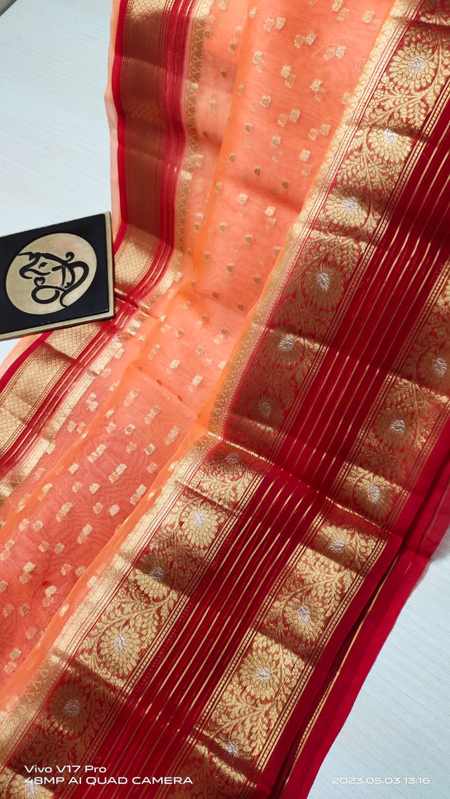 Peach Banarasi kora organza silk sarees