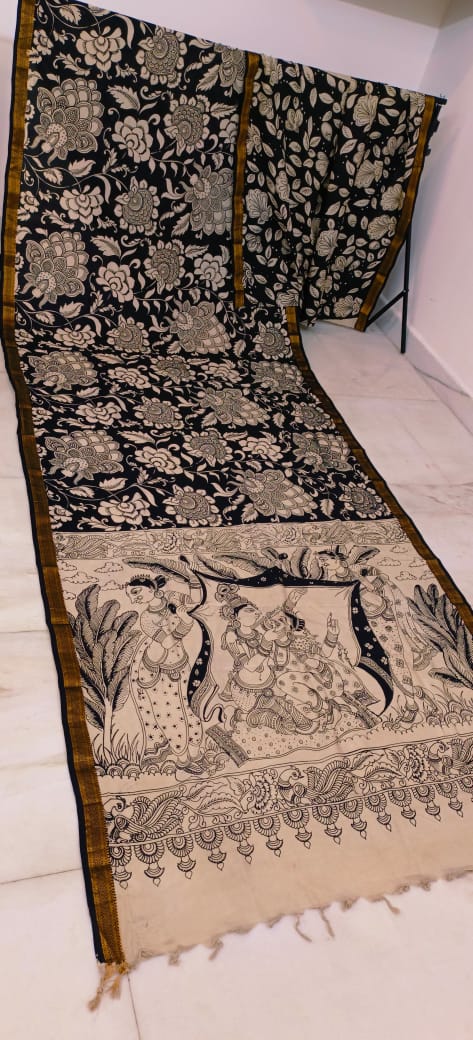 Black and white mangalagiri pen kalamkari sarees