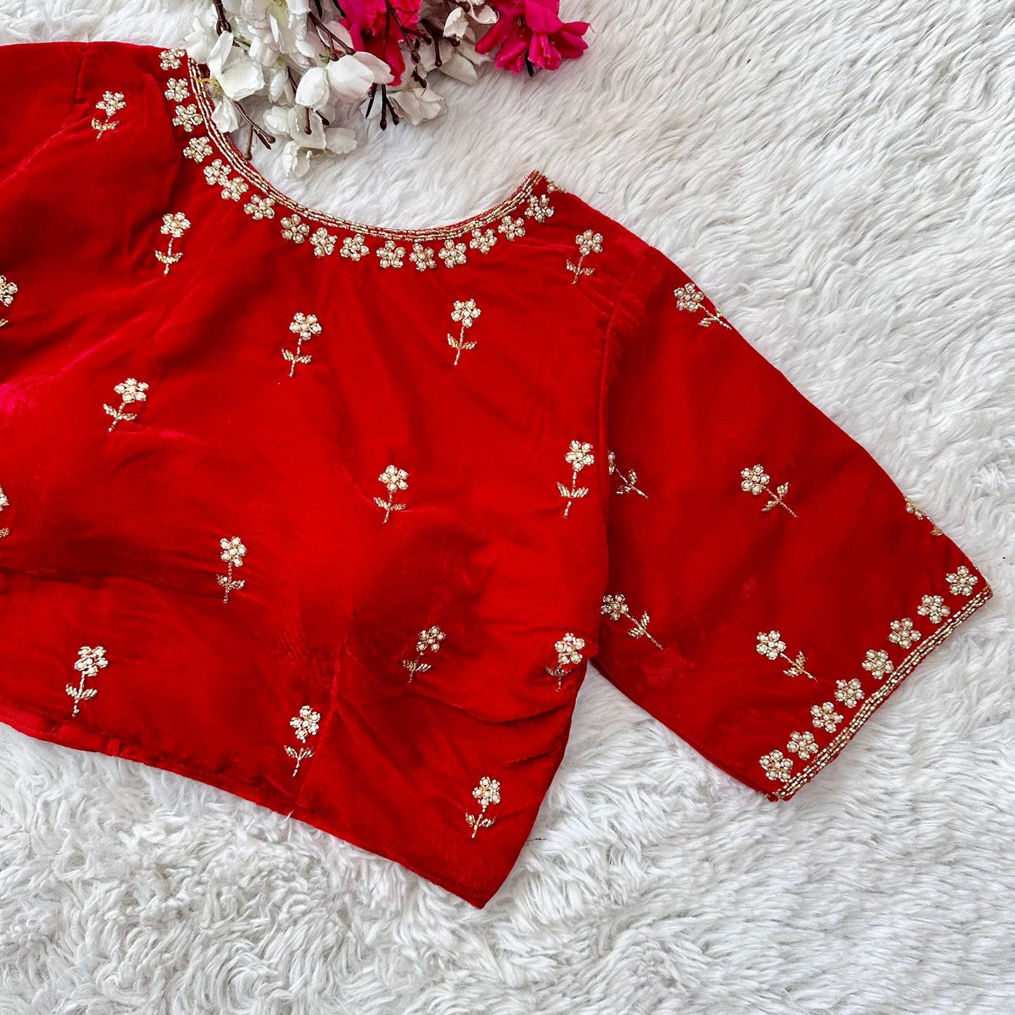 Red readymade velvet pearl work blouse