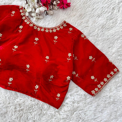 Red readymade velvet pearl work blouse