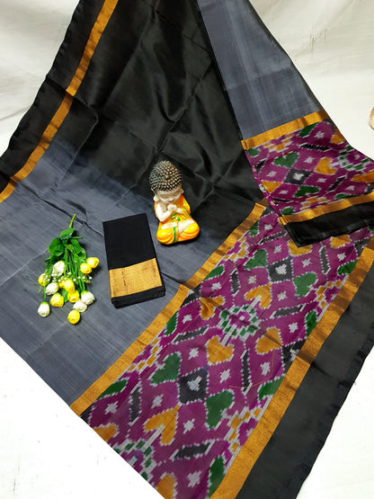 Grey and black Uppada sarees with big pochampally border