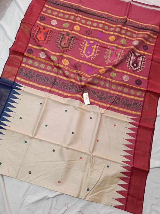 Cream and red pure desi tussar silk sarees