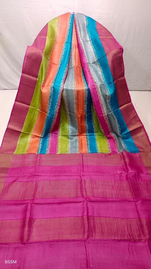 Multicolour tussar silk handblock printed sarees