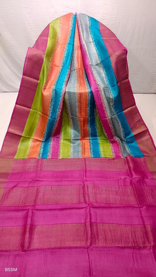 Multicolour tussar silk handblock printed sarees