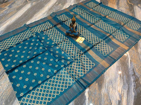 Blue Pure Tussar gicha screen print sarees