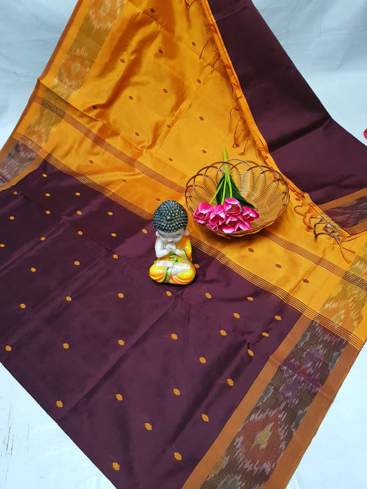 Chocolate brown Tripura silk sarees with Pochampally border