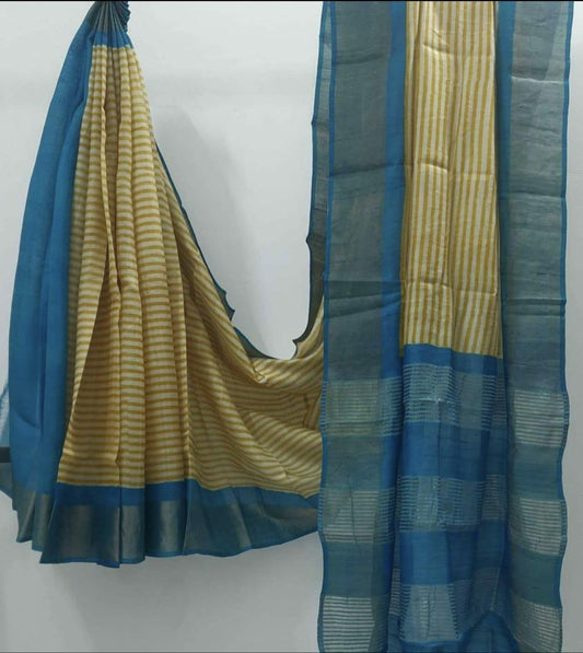 Creamy yellow block print tussar silk sarees