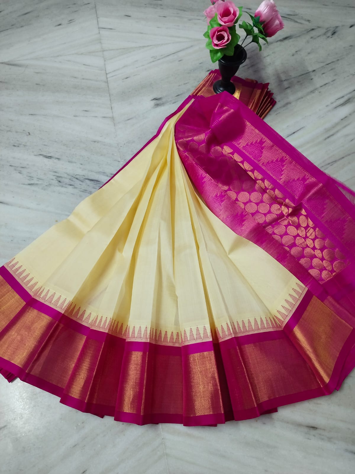 Cream and pink pure handloom Kuppadam sarees