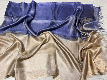 Gold with blue Pure Tussar tissue silk sarees