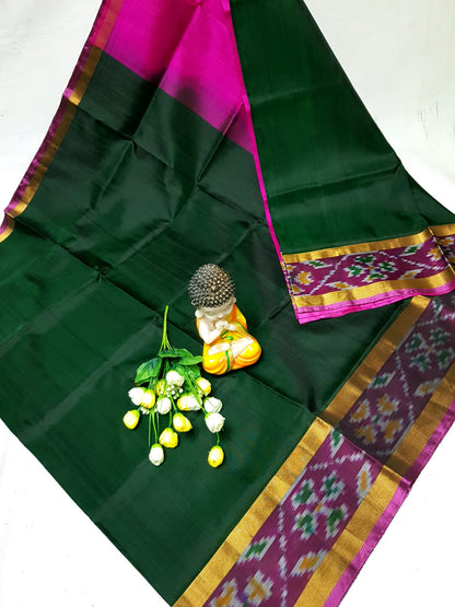 Dark green Uppada sarees with small pochampally border