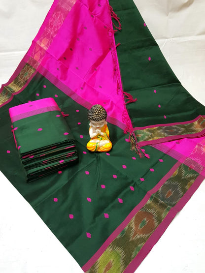 Bottle green and pink Tripura silk sarees with Pochampally border