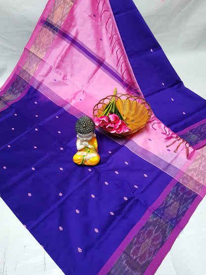 Navy blue and pink Tripura silk sarees with Pochampally border