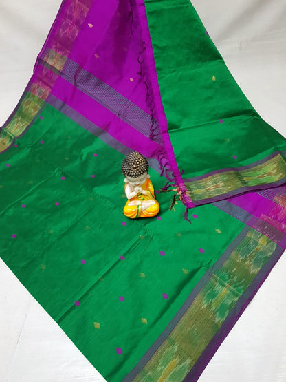 Dark green and dark purple Tripura silk sarees with Pochampally border