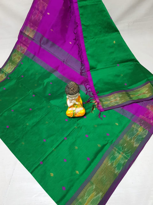 Dark green and dark purple Tripura silk sarees with Pochampally border