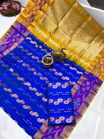 Royal blue Uppada sarees with pochampally border