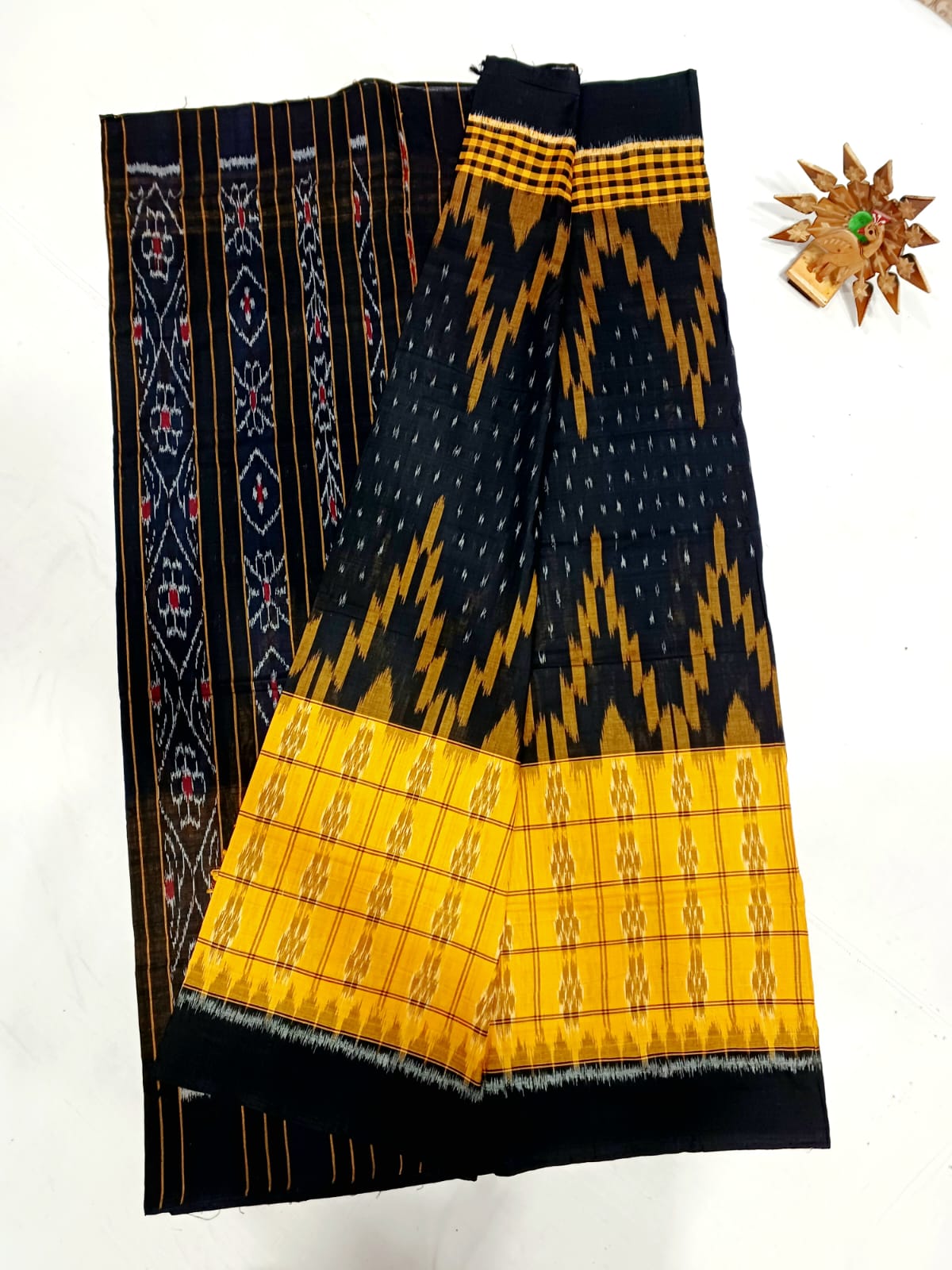 Black and yellow ikkat mercerised Cotton sarees