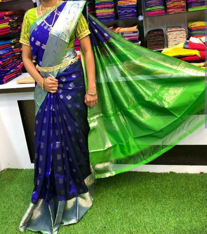 Dark blue and green handloom Kuppadam kanchi border sarees