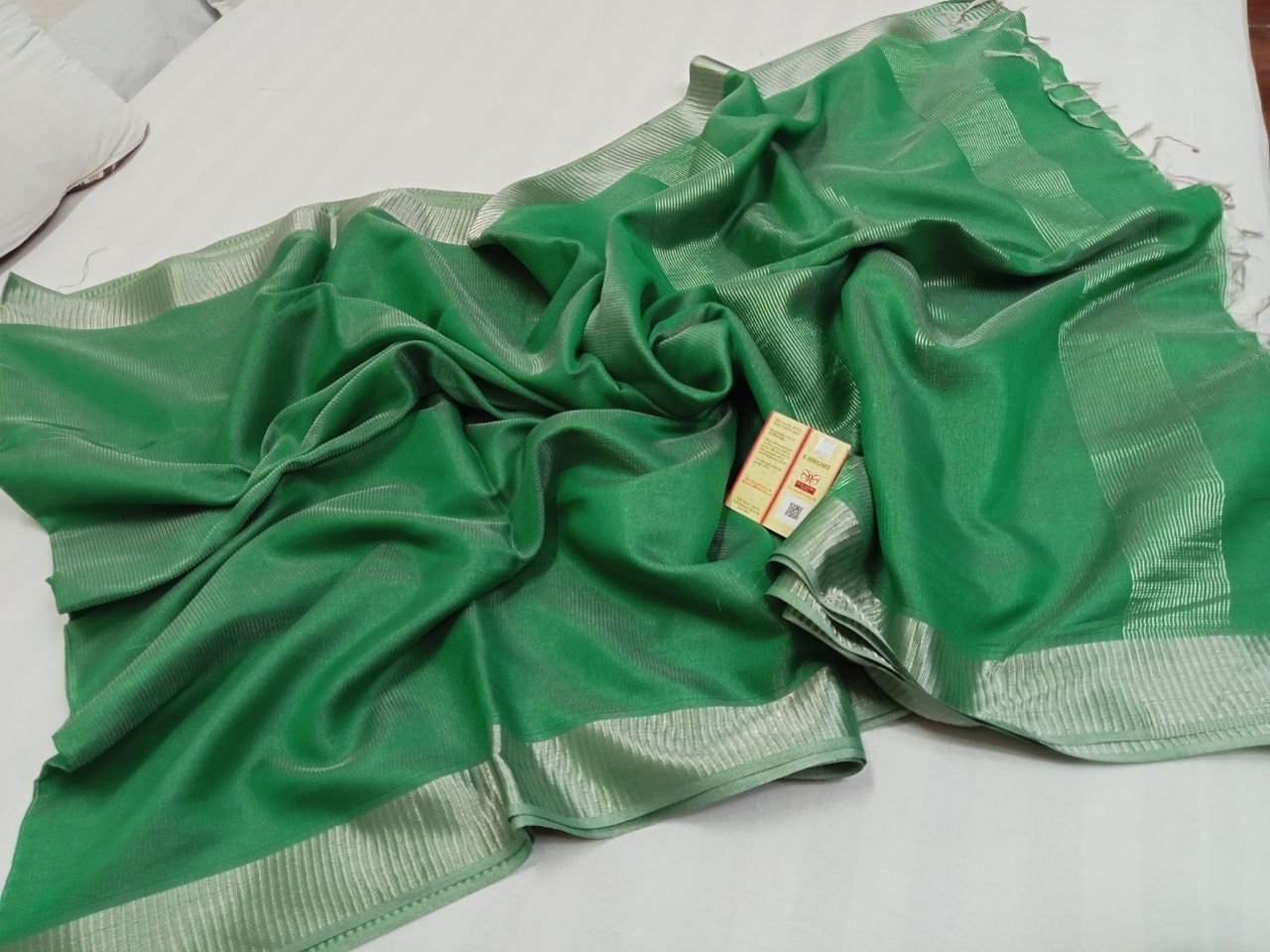 Green Pure handloom Tussar tissue silk sarees