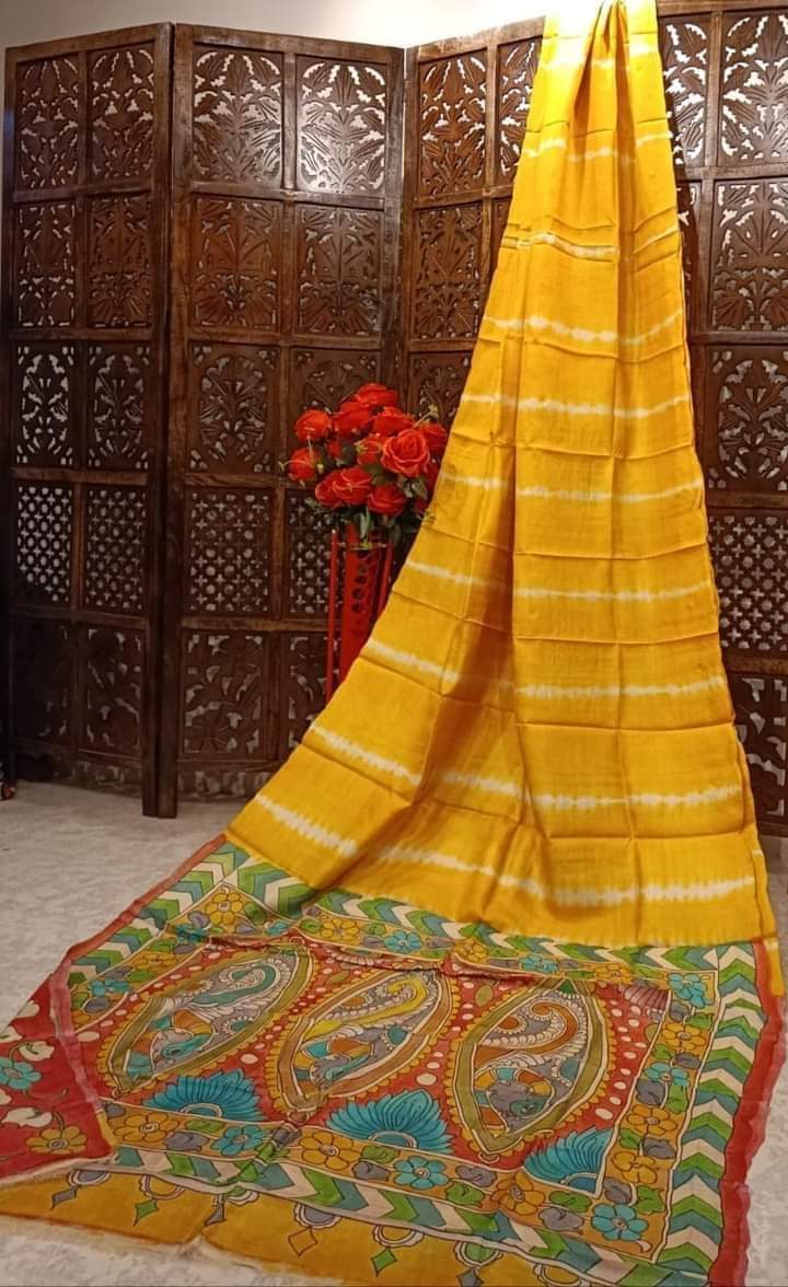 Yellow pure handloom tussar Silk shibori sarees