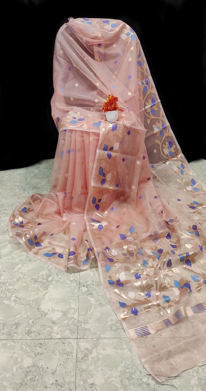 Peach pure Muslin organza silk sarees