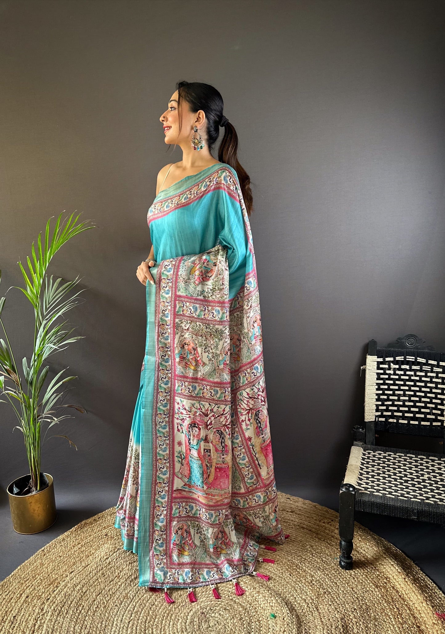 Sea blue tussar silk sarees with madhubani print