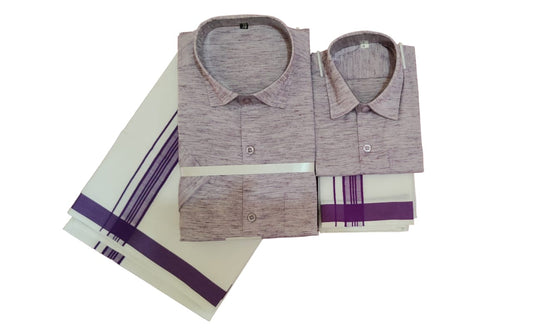 Purple cotton linen shirt and dhoti set. Father and son combo