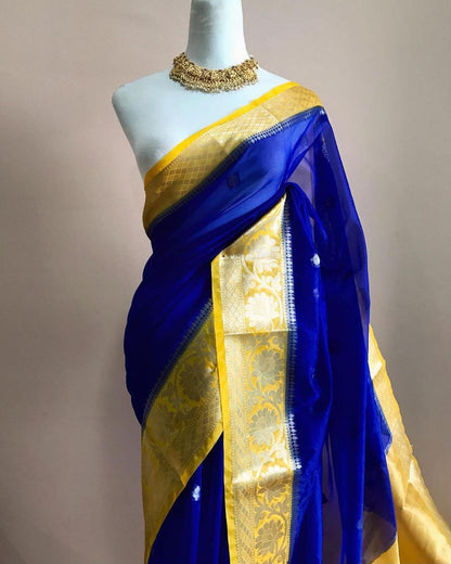 Dark blue and yellow Banarasi kora organza sarees